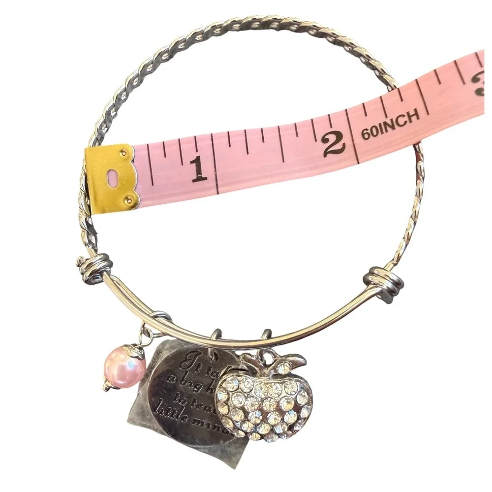 Teacher Appreciation Silver Bangle Bracelet Big Heart Teach Little Minds‎ Apple